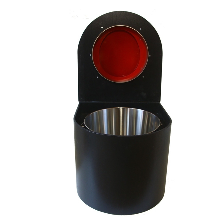  Toilette sèche en bois arrondie noire avec seau inox et bavette inox. Abattant rouge
