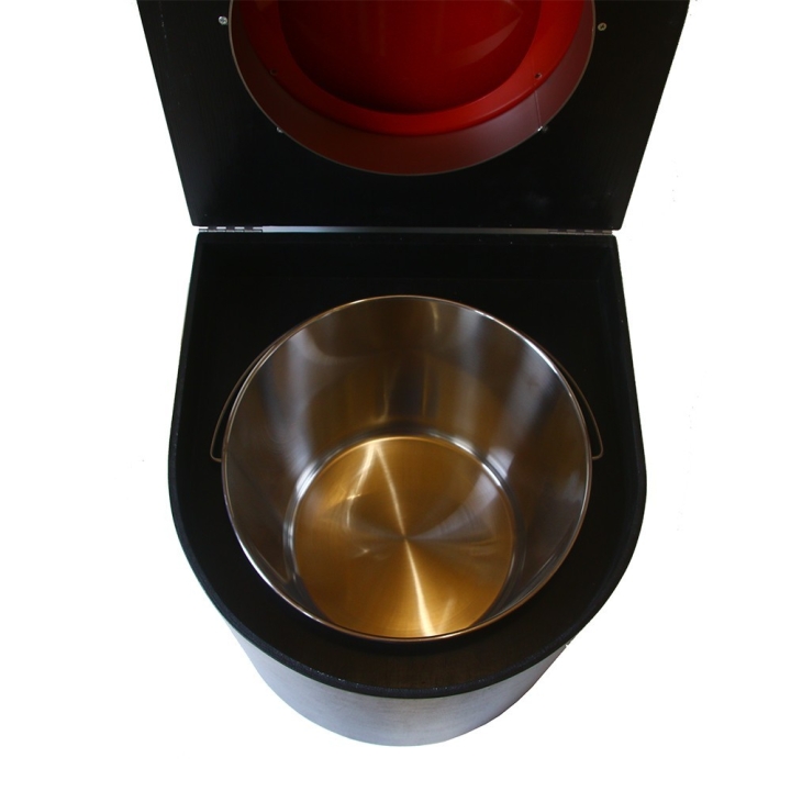  Toilette sèche en bois arrondie noire avec seau inox et bavette inox. Abattant rouge