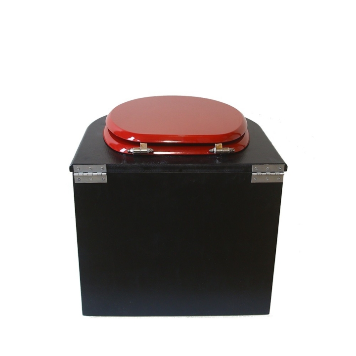  Toilette sèche en bois arrondie noire avec seau inox et bavette inox. Abattant rouge