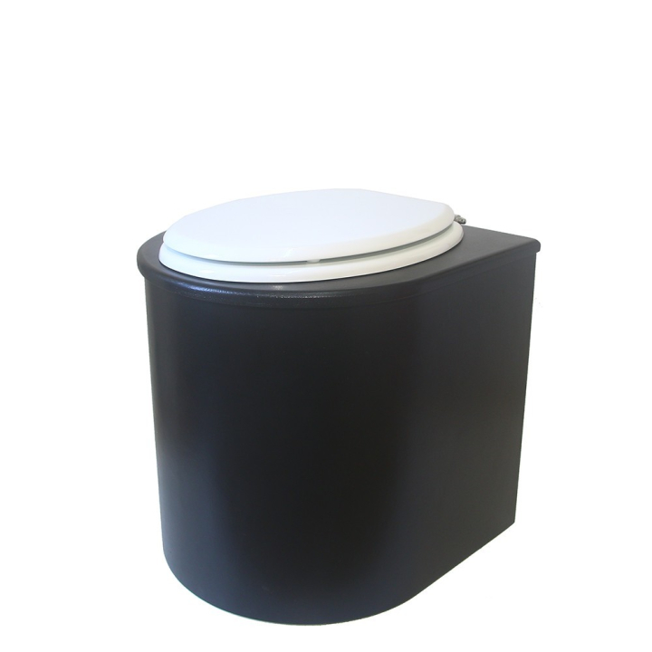 Toilette sèche en bois arrondie noire avec seau plastique 22L et bavette inox. Abattant blanc. Modèle rehaussé