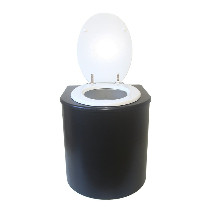  Toilette sèche en bois arrondie noire avec seau plastique 22L et bavette inox. Abattant blanc. Modèle rehaussé