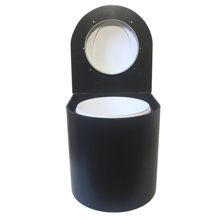  Toilette sèche en bois arrondie noire avec seau plastique 22L et bavette inox. Abattant blanc. Modèle rehaussé