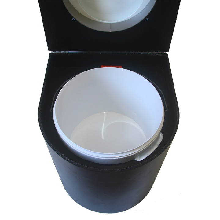  Toilette sèche en bois arrondie noire avec seau plastique 22L et bavette inox. Abattant blanc. Modèle rehaussé
