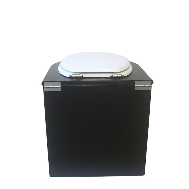  Toilette sèche en bois arrondie noire avec seau plastique 22L et bavette inox. Abattant blanc. Modèle rehaussé