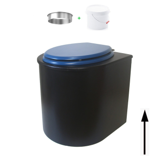 Toilette sèche en bois arrondie noire avec seau plastique 22L et bavette inox. Abattant bleu. Modèle rehaussé