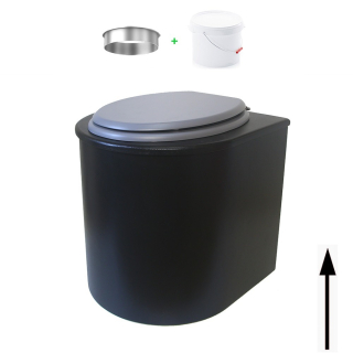 Toilette sèche en bois arrondie noire avec seau plastique 22L et bavette inox. Abattant gris. Modèle rehaussé