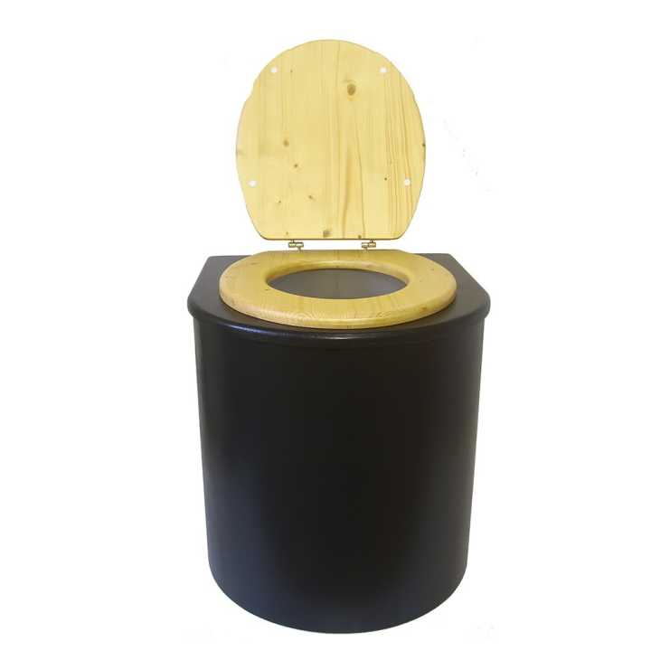  Toilette sèche en bois arrondie noire avec seau plastique 22L et bavette inox. Abattant bois huilé. Modèle rehaussé