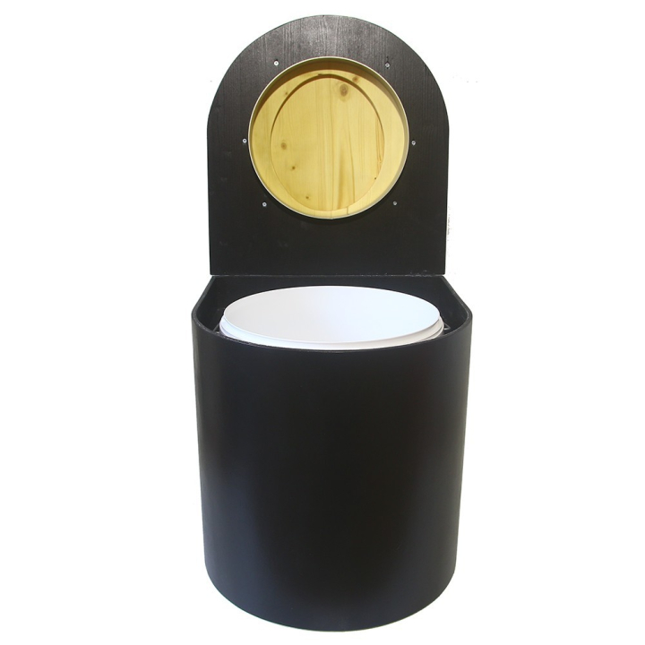  Toilette sèche en bois arrondie noire avec seau plastique 22L et bavette inox. Abattant bois huilé. Modèle rehaussé