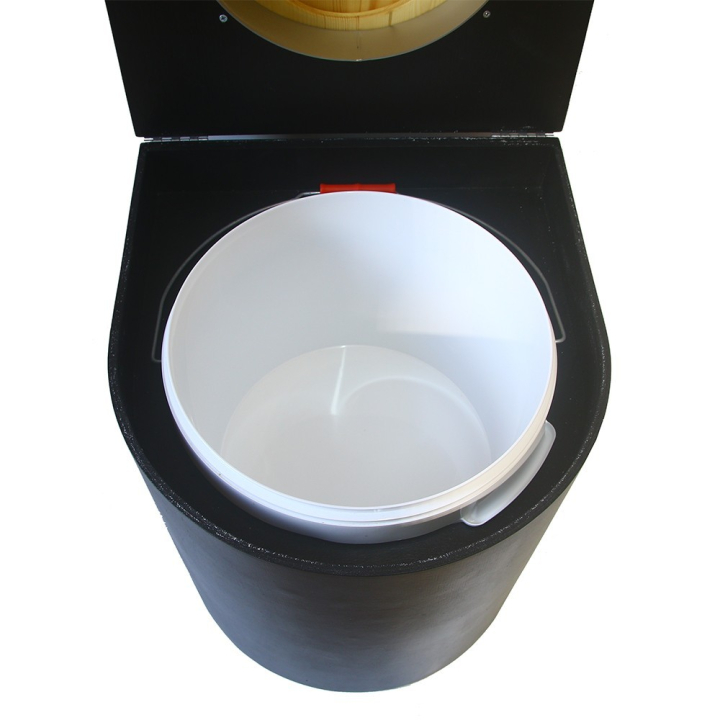  Toilette sèche en bois arrondie noire avec seau plastique 22L et bavette inox. Abattant bois huilé. Modèle rehaussé