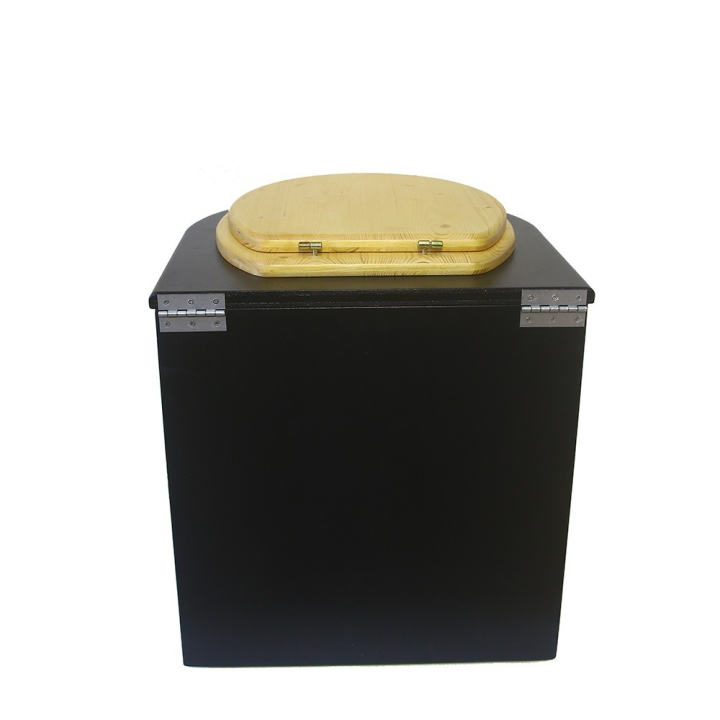  Toilette sèche en bois arrondie noire avec seau plastique 22L et bavette inox. Abattant bois huilé. Modèle rehaussé