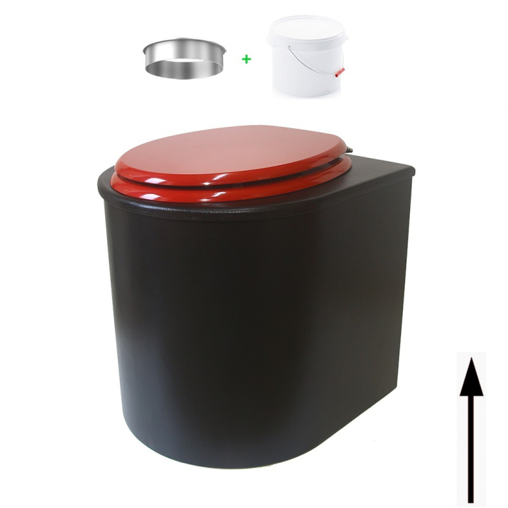 Toilette sèche en bois arrondie noire avec seau plastique 22L et bavette inox. Abattant rouge. Modèle rehaussé