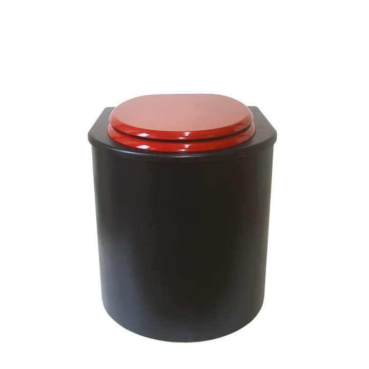  Toilette sèche en bois arrondie noire avec seau plastique 22L et bavette inox. Abattant rouge. Modèle rehaussé