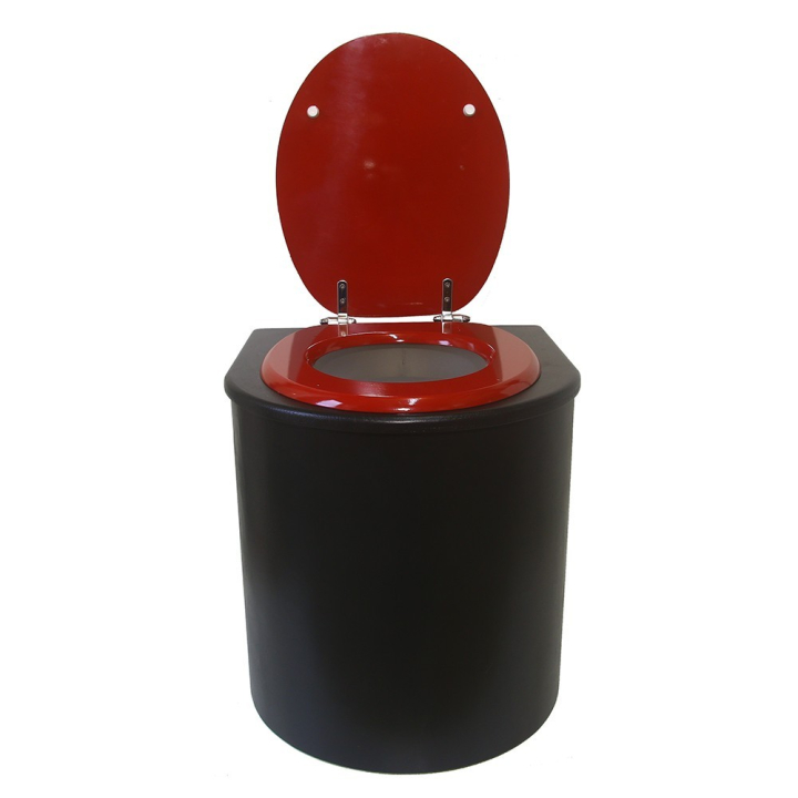  Toilette sèche en bois arrondie noire avec seau plastique 22L et bavette inox. Abattant rouge. Modèle rehaussé