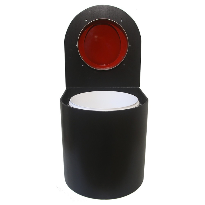  Toilette sèche en bois arrondie noire avec seau plastique 22L et bavette inox. Abattant rouge. Modèle rehaussé