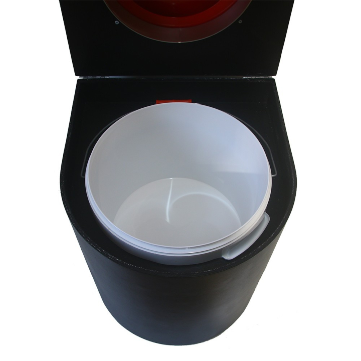  Toilette sèche en bois arrondie noire avec seau plastique 22L et bavette inox. Abattant rouge. Modèle rehaussé