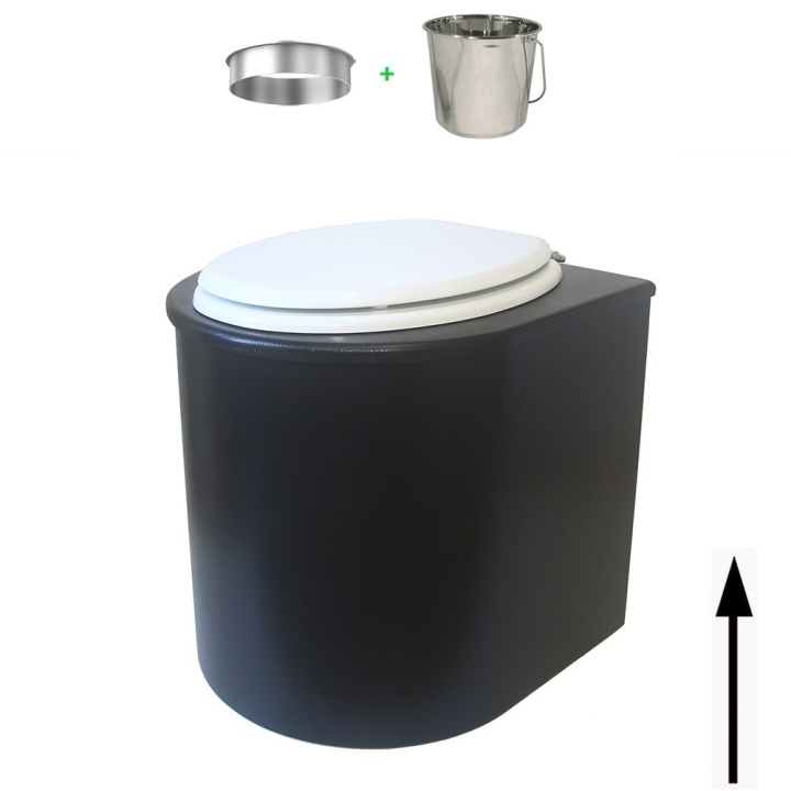 Toilette sèche en bois arrondie noire avec seau inox 22L et bavette inox. Abattant blanc. Modèle rehaussé