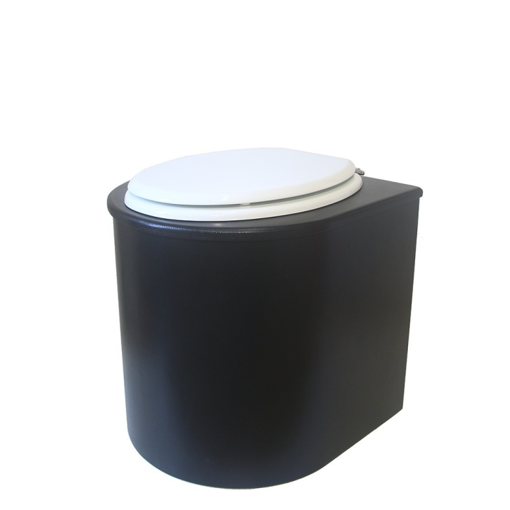  Toilette sèche en bois arrondie noire avec seau inox 22L et bavette inox. Abattant blanc. Modèle rehaussé