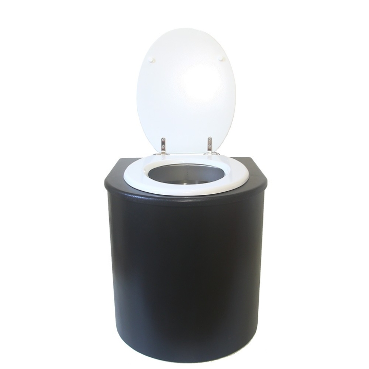  Toilette sèche en bois arrondie noire avec seau inox 22L et bavette inox. Abattant blanc. Modèle rehaussé