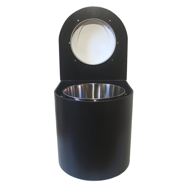  Toilette sèche en bois arrondie noire avec seau inox 22L et bavette inox. Abattant blanc. Modèle rehaussé