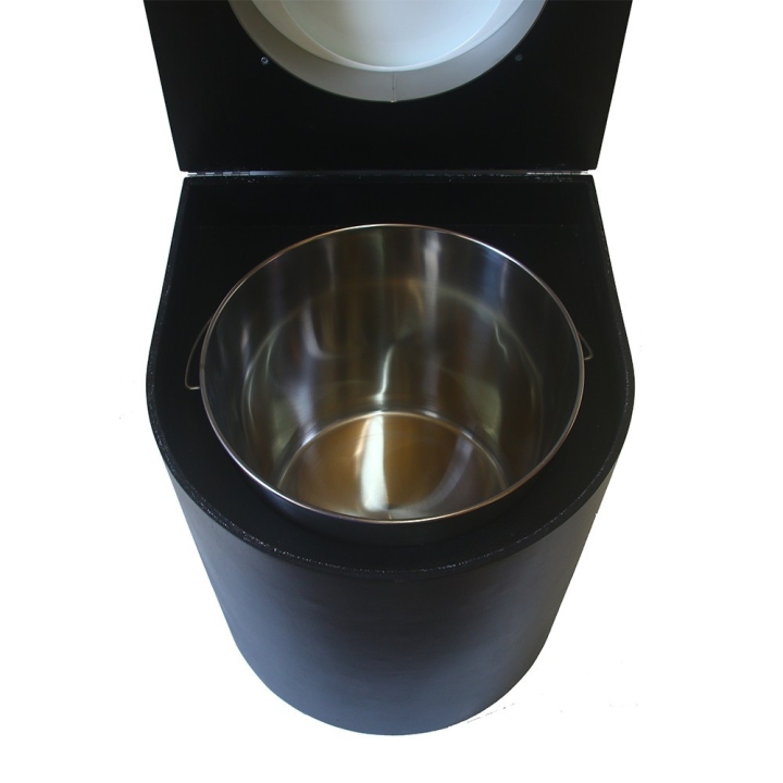  Toilette sèche en bois arrondie noire avec seau inox 22L et bavette inox. Abattant blanc. Modèle rehaussé