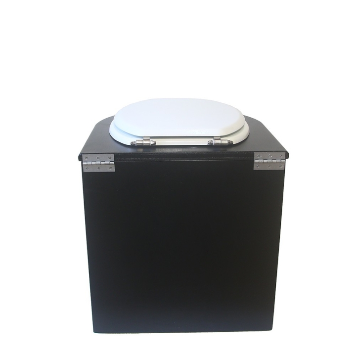  Toilette sèche en bois arrondie noire avec seau inox 22L et bavette inox. Abattant blanc. Modèle rehaussé