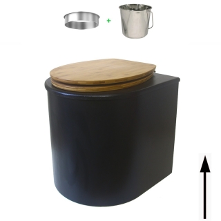 Toilette sèche en bois arrondie noire avec seau inox 22L et bavette inox. Abattant bambou. Modèle rehaussé
