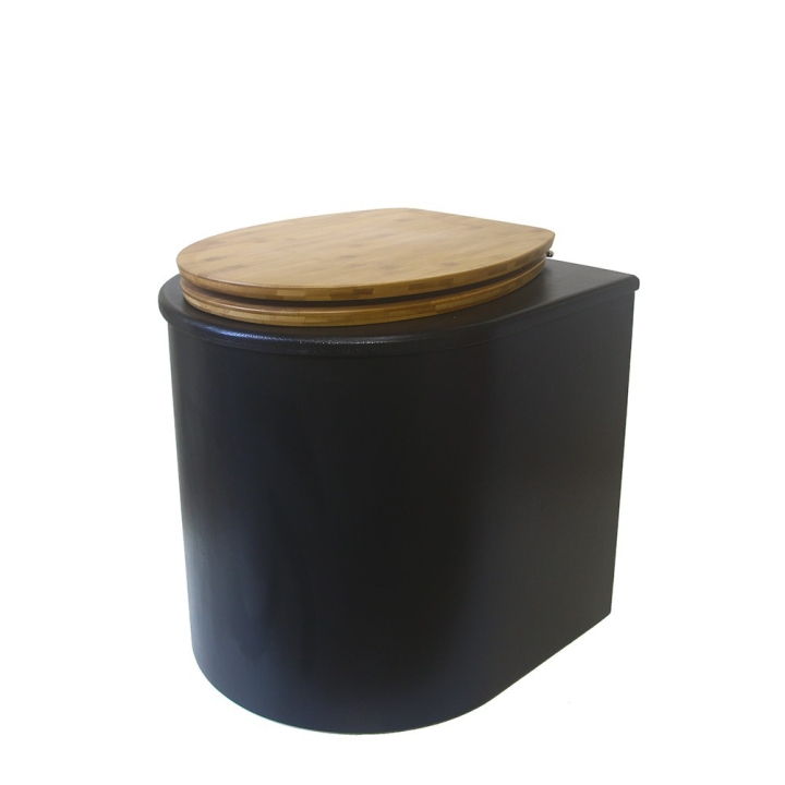  Toilette sèche en bois arrondie noire avec seau inox 22L et bavette inox. Abattant bambou. Modèle rehaussé