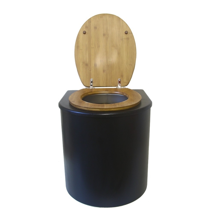  Toilette sèche en bois arrondie noire avec seau inox 22L et bavette inox. Abattant bambou. Modèle rehaussé