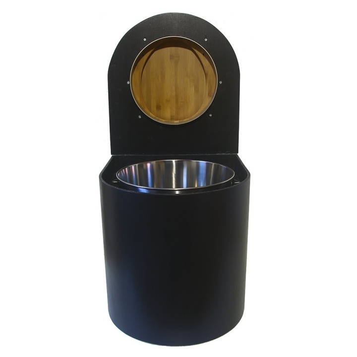  Toilette sèche en bois arrondie noire avec seau inox 22L et bavette inox. Abattant bambou. Modèle rehaussé