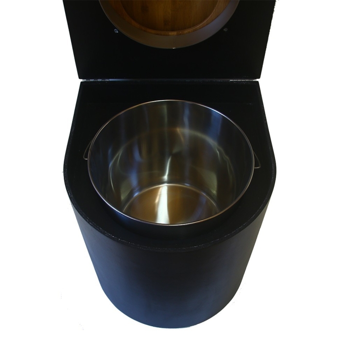  Toilette sèche en bois arrondie noire avec seau inox 22L et bavette inox. Abattant bambou. Modèle rehaussé