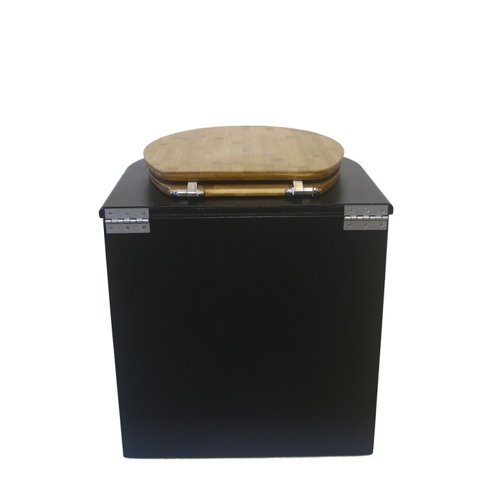  Toilette sèche en bois arrondie noire avec seau inox 22L et bavette inox. Abattant bambou. Modèle rehaussé
