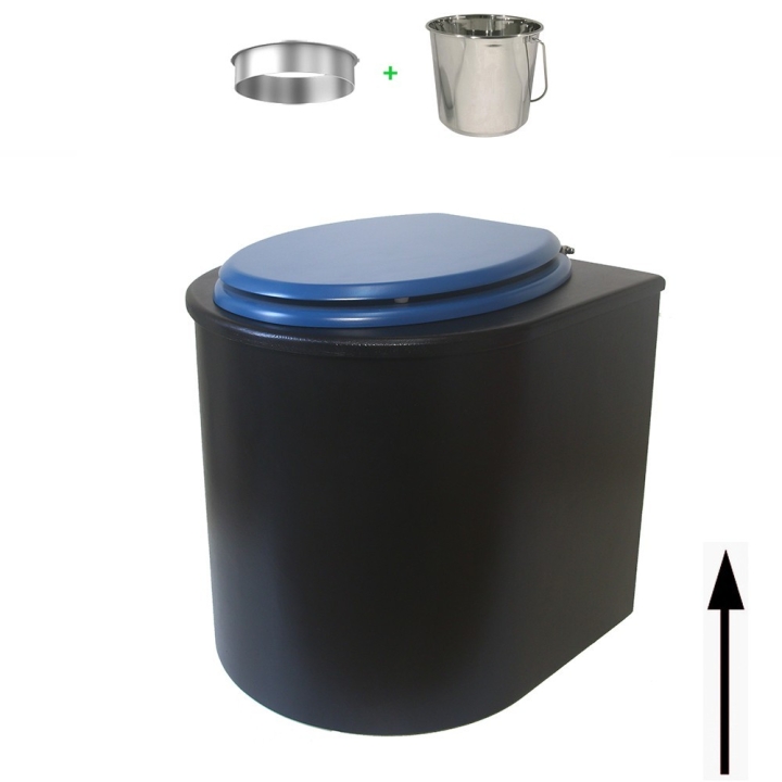 Toilette sèche en bois arrondie noire avec seau inox 22L et bavette inox. Abattant bleu. Modèle rehaussé