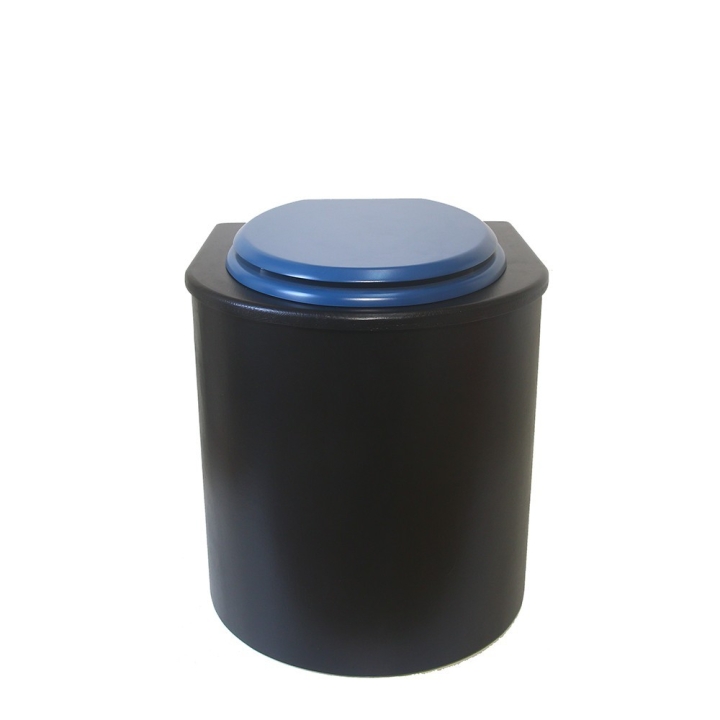  Toilette sèche en bois arrondie noire avec seau inox 22L et bavette inox. Abattant bleu. Modèle rehaussé