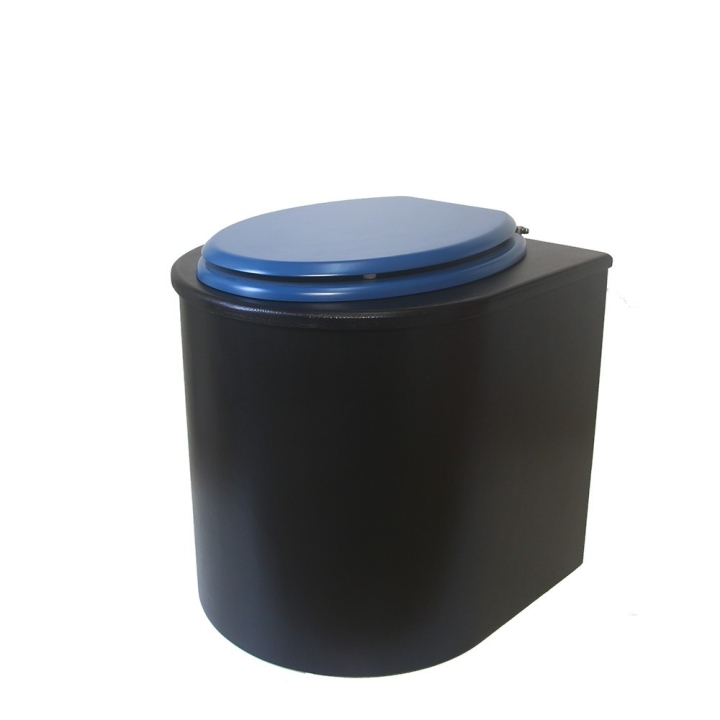  Toilette sèche en bois arrondie noire avec seau inox 22L et bavette inox. Abattant bleu. Modèle rehaussé