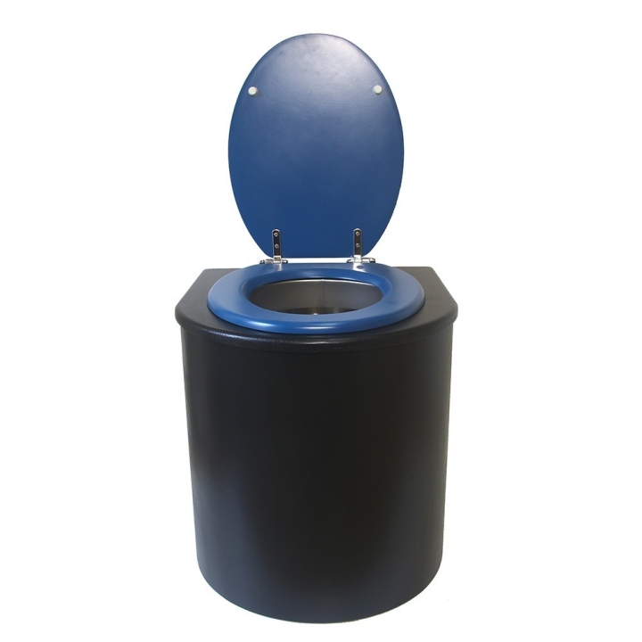  Toilette sèche en bois arrondie noire avec seau inox 22L et bavette inox. Abattant bleu. Modèle rehaussé