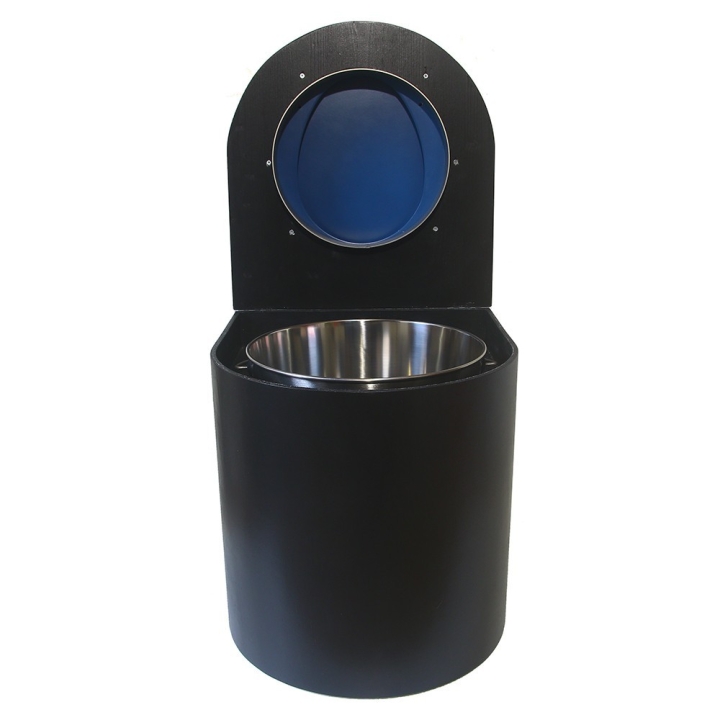  Toilette sèche en bois arrondie noire avec seau inox 22L et bavette inox. Abattant bleu. Modèle rehaussé