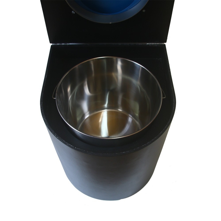  Toilette sèche en bois arrondie noire avec seau inox 22L et bavette inox. Abattant bleu. Modèle rehaussé
