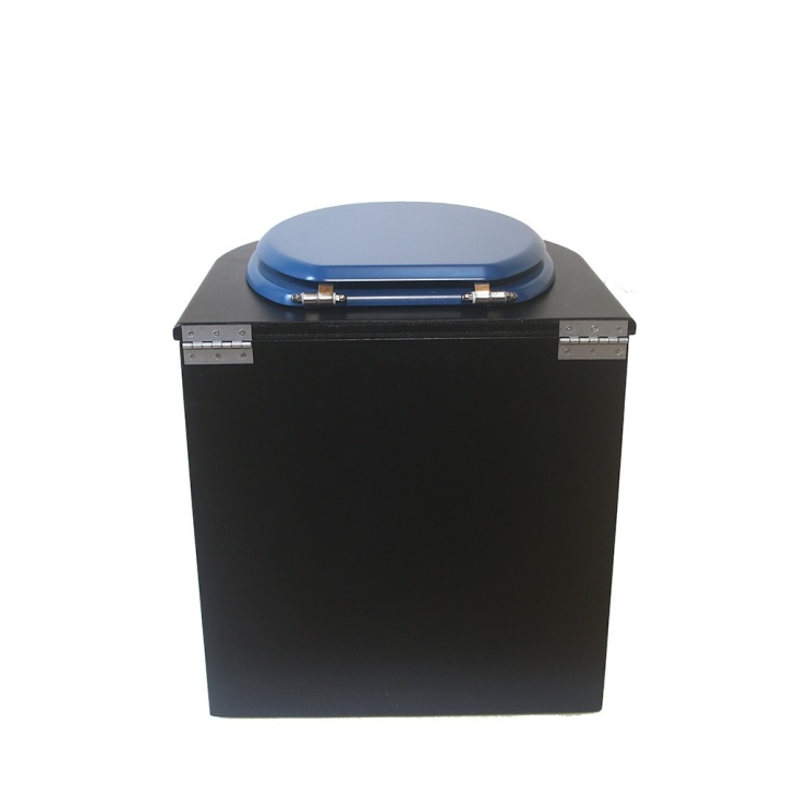  Toilette sèche en bois arrondie noire avec seau inox 22L et bavette inox. Abattant bleu. Modèle rehaussé