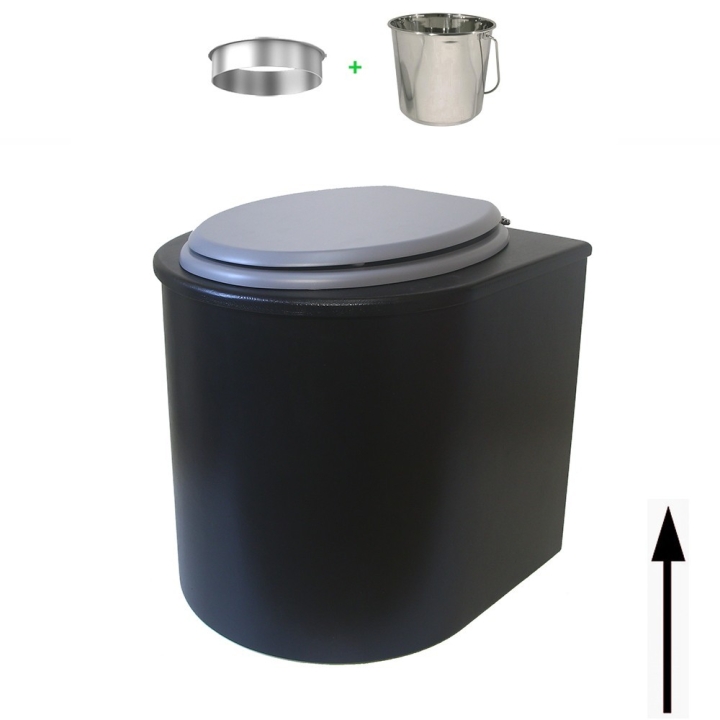 Toilette sèche en bois arrondie noire avec seau inox 22L et bavette inox. Abattant gris. Modèle rehaussé