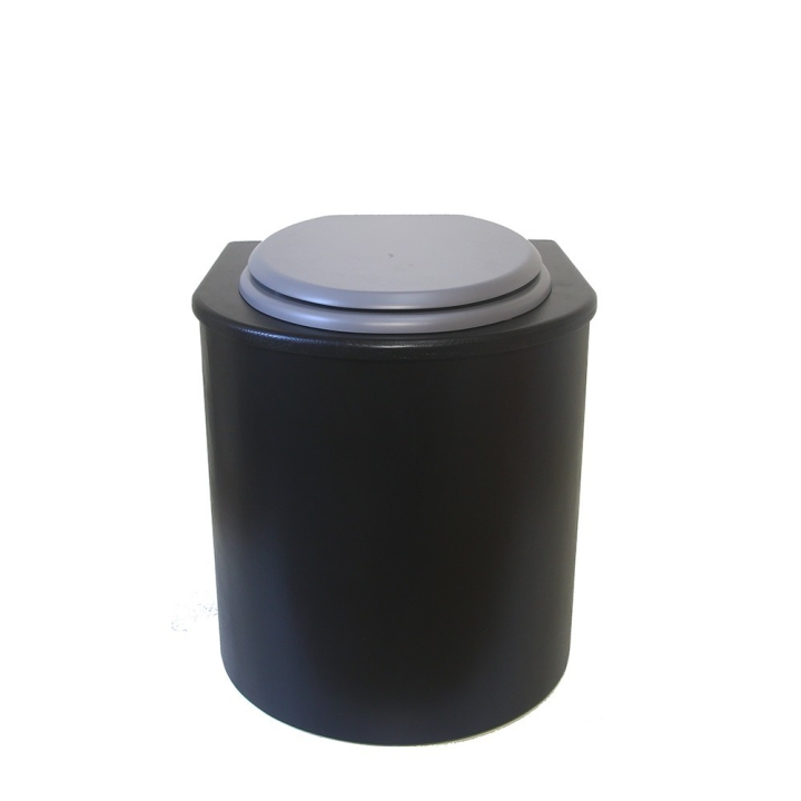  Toilette sèche en bois arrondie noire avec seau inox 22L et bavette inox. Abattant gris. Modèle rehaussé