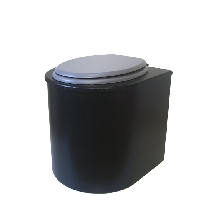  Toilette sèche en bois arrondie noire avec seau inox 22L et bavette inox. Abattant gris. Modèle rehaussé