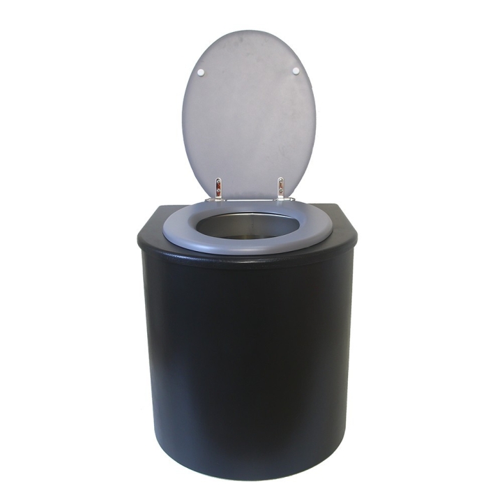  Toilette sèche en bois arrondie noire avec seau inox 22L et bavette inox. Abattant gris. Modèle rehaussé