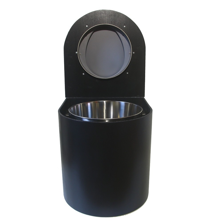  Toilette sèche en bois arrondie noire avec seau inox 22L et bavette inox. Abattant gris. Modèle rehaussé