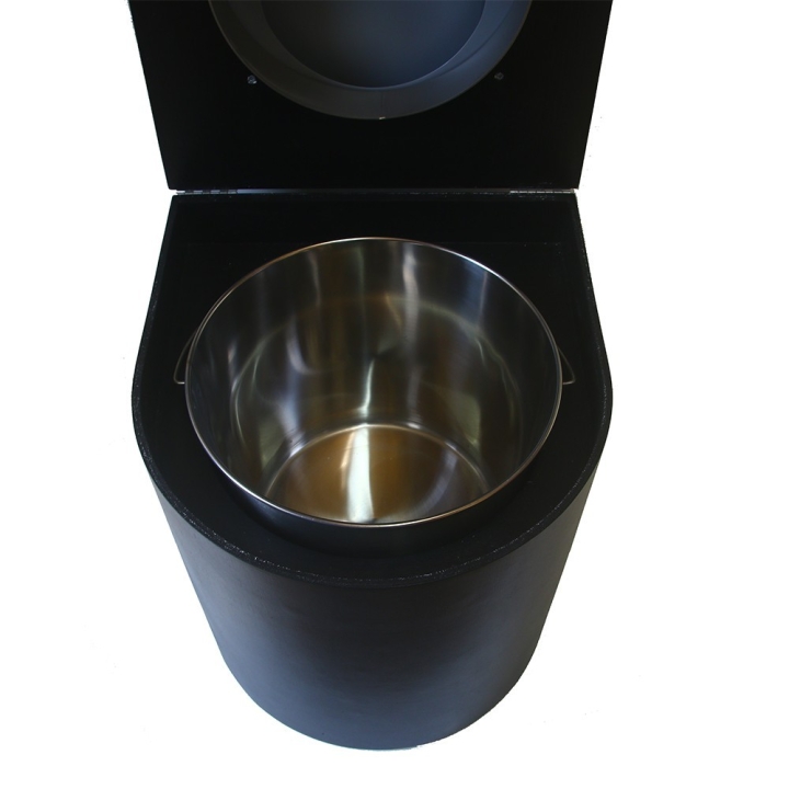  Toilette sèche en bois arrondie noire avec seau inox 22L et bavette inox. Abattant gris. Modèle rehaussé