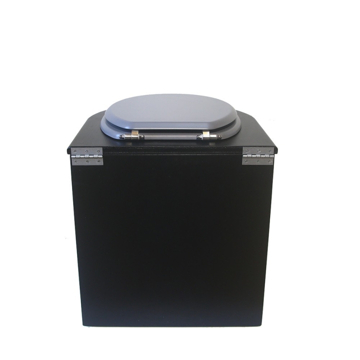 Toilette sèche en bois arrondie noire avec seau inox 22L et bavette inox. Abattant gris. Modèle rehaussé