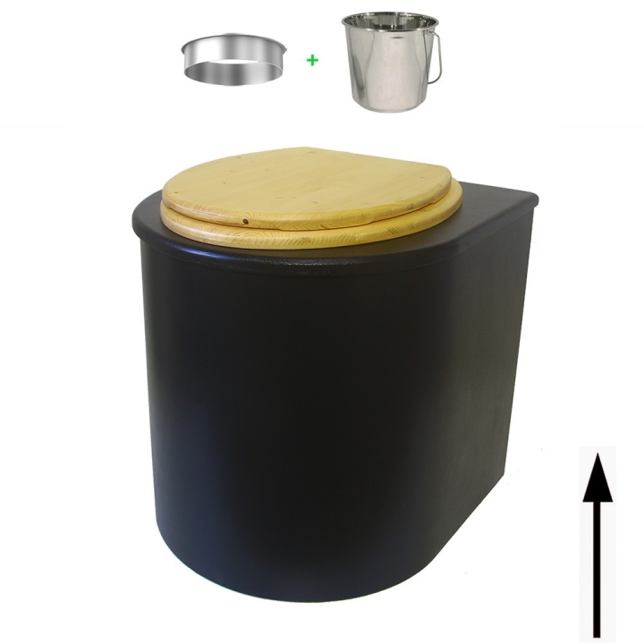 Toilette sèche en bois arrondie noire avec seau inox 22L et bavette inox. Abattant bois huilé. Modèle rehaussé