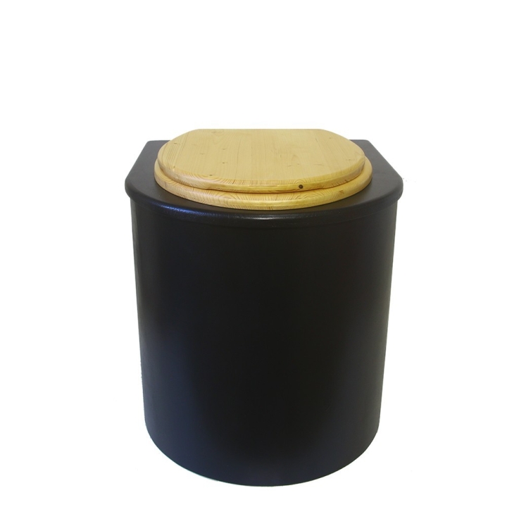  Toilette sèche en bois arrondie noire avec seau inox 22L et bavette inox. Abattant bois huilé. Modèle rehaussé