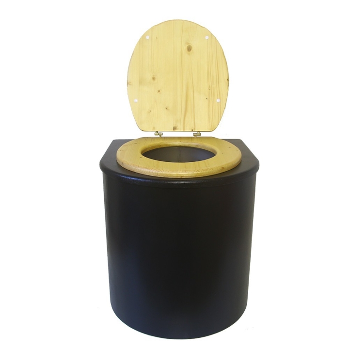  Toilette sèche en bois arrondie noire avec seau inox 22L et bavette inox. Abattant bois huilé. Modèle rehaussé