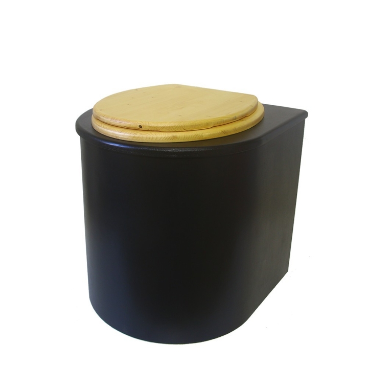  Toilette sèche en bois arrondie noire avec seau inox 22L et bavette inox. Abattant bois huilé. Modèle rehaussé