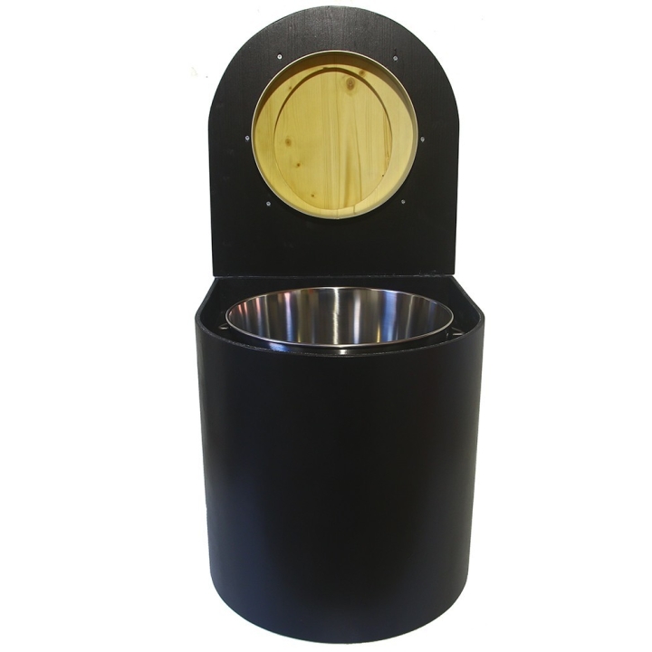  Toilette sèche en bois arrondie noire avec seau inox 22L et bavette inox. Abattant bois huilé. Modèle rehaussé